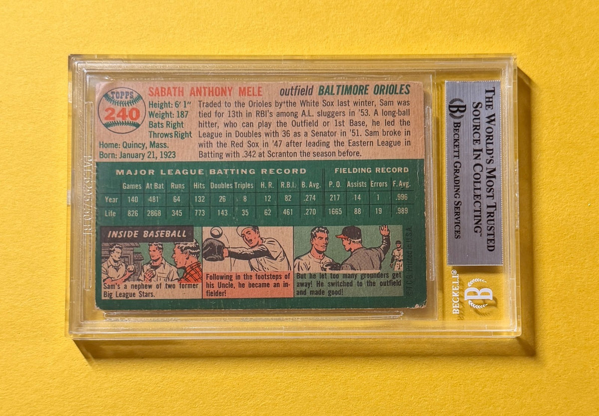 1954 TOPPS SAM MELE #240 SIGNED AUTO CARD BECKETT AUTHENTIC ORIOLES