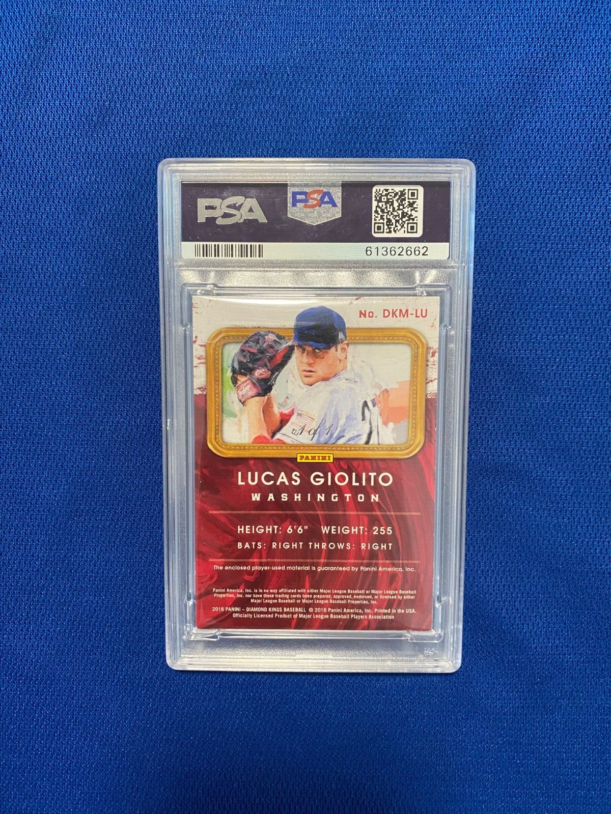 2016 PANINI DIAMOND KINGS LUCAS GIOLITO FRAMED BLACK JERSEY PATCH CARD #LU PSA 8