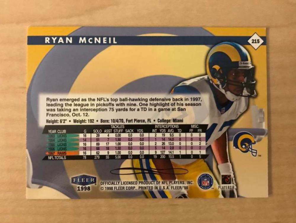 RYAN MCNEIL ST. LOUIS RAMS SIGNED AUTOGRAPHED 1998 FLEER CARD #215 W/COA