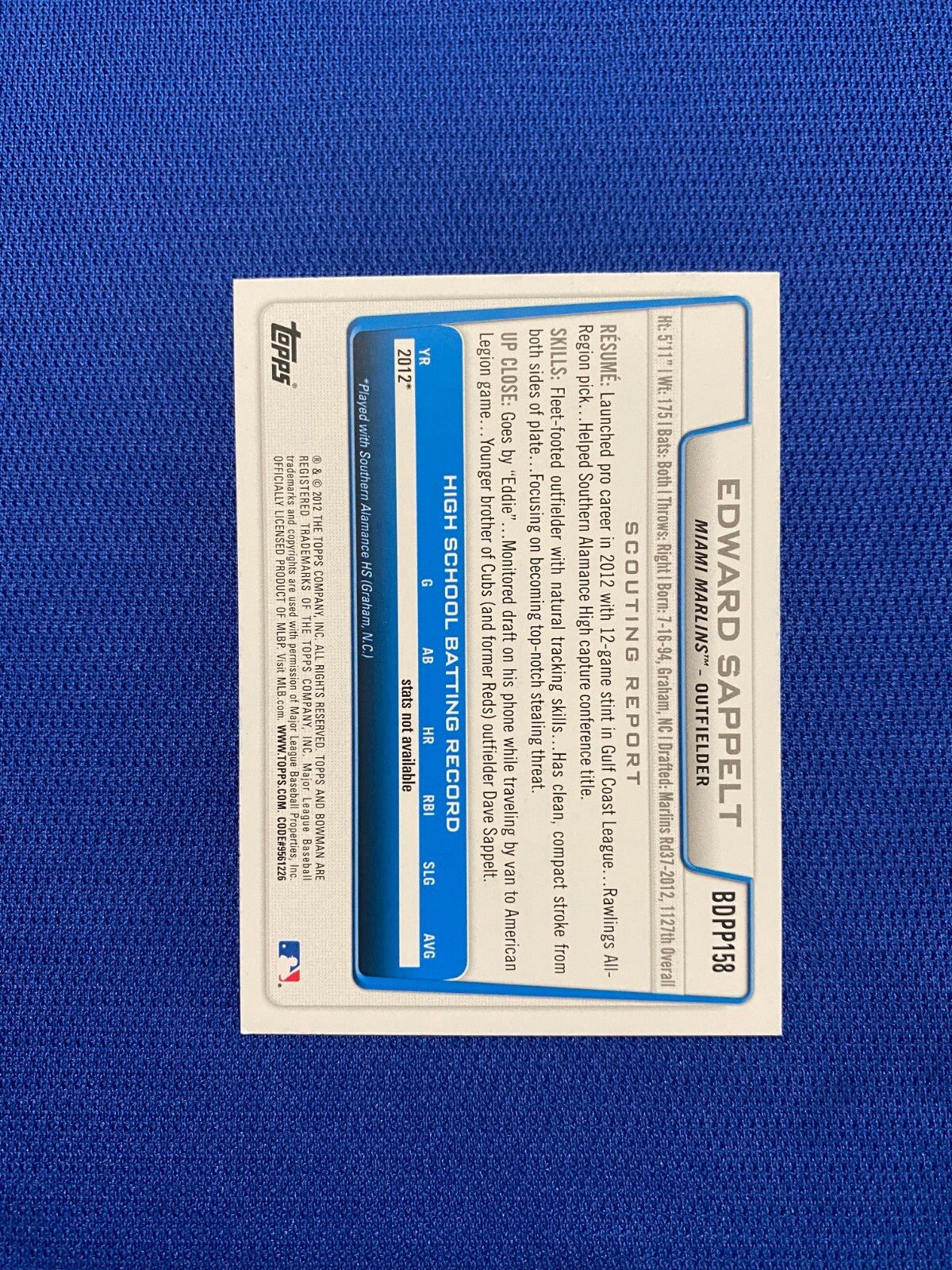 2012 BOWMAN EDWARD SAPPELT MIAMI MARLINS SIGNED AUTOGRAPHED #BDPP1 CARD COA