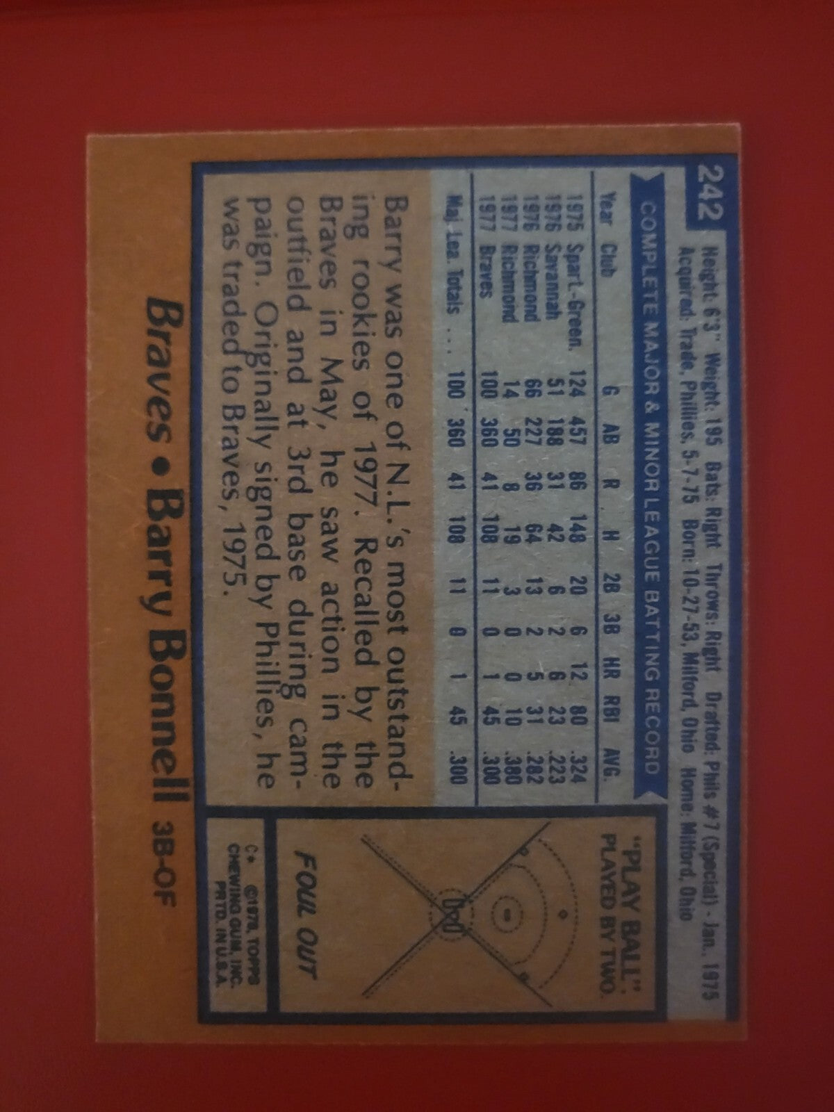 1978 TOPPS BARRY BONNELL ATLANTA BRAVES SIGNED AUTOGRAPHED CARD #242 W/COA