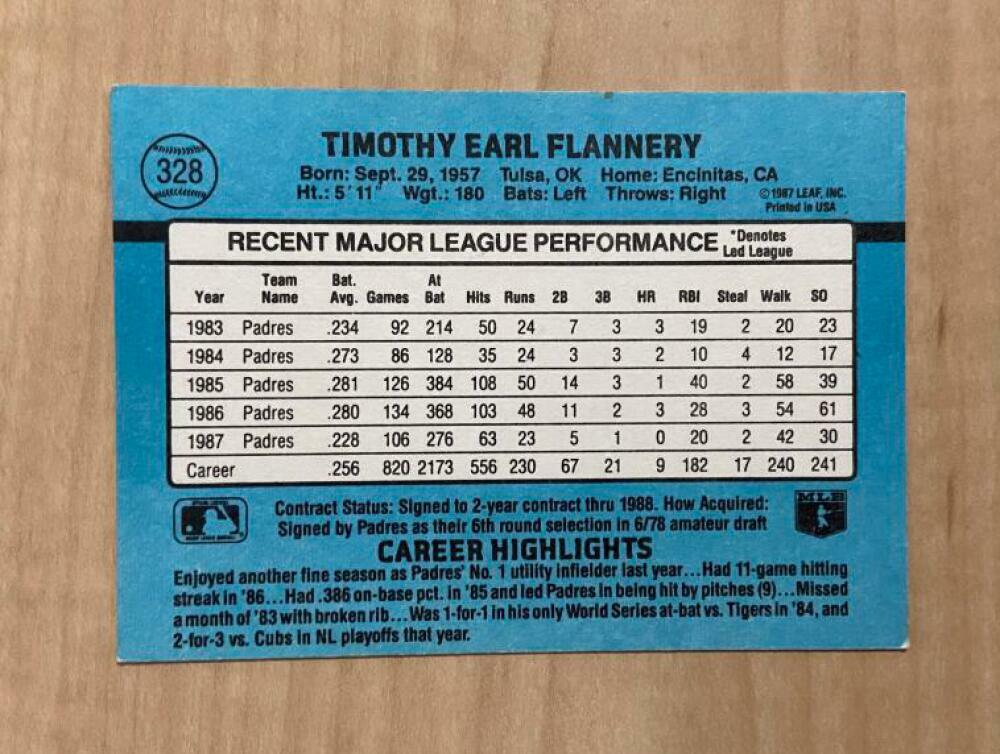TIM FLANNERY SAN DIEGO PADRES SIGNED AUTOGRAPHED 1988 DONRUSS CARD #328 W/COA