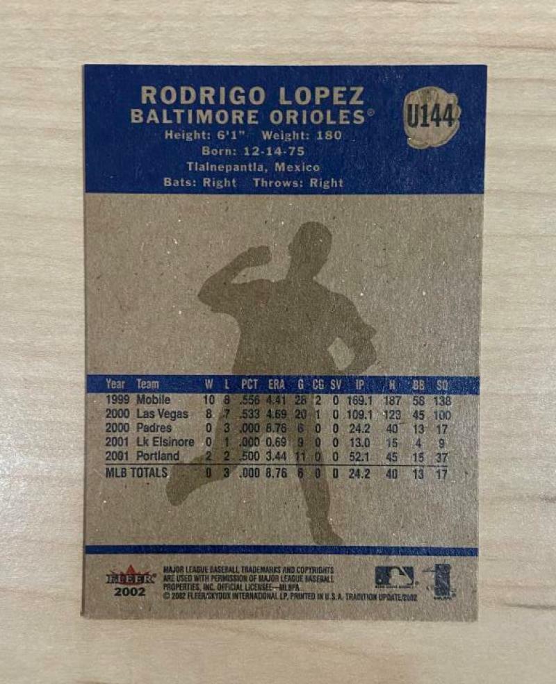 RODRIGO LOPEZ BALTIMORE ORIOLES SIGNED 2002 FLEER TRADITION CARD #U144 W/COA