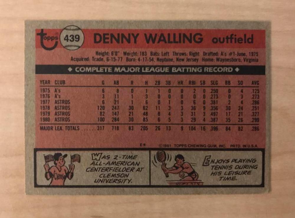 DENNY WALLING ST. LOUIS CARDINALS SIGNED AUTOGRAPHED 1981 TOPPS CARD #439 W/COA 