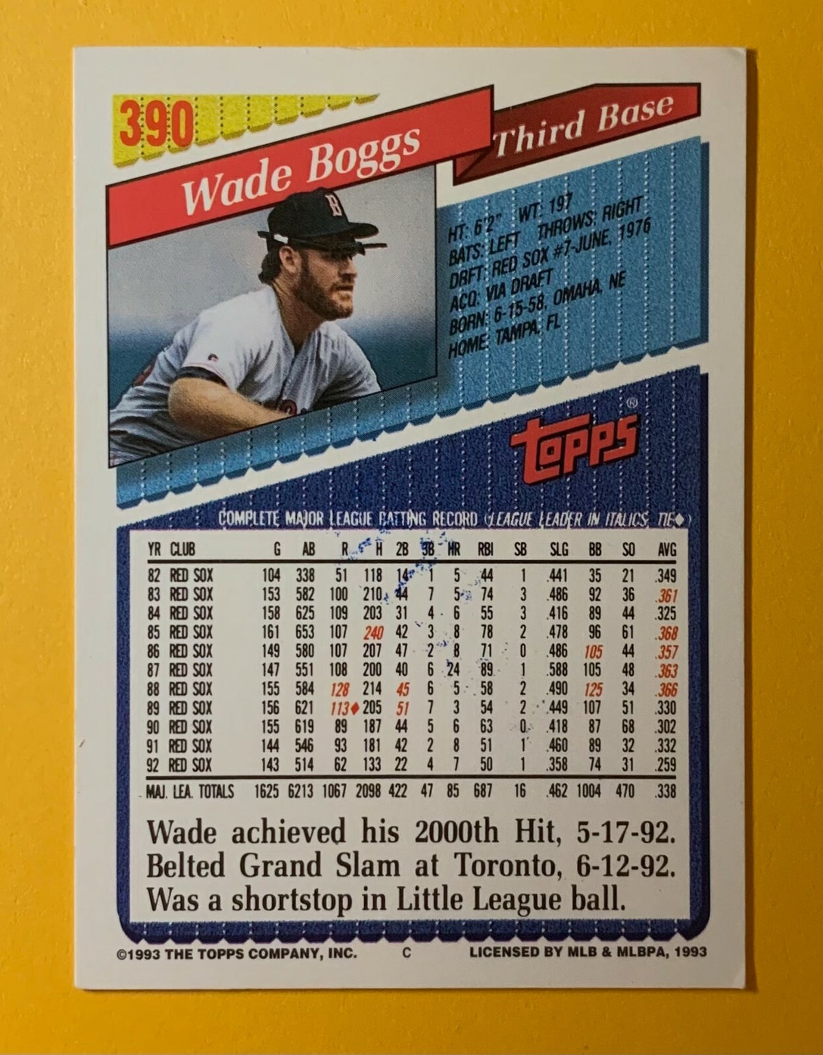 1993 TOPPS WADE BOGGS RED SOX #390 SIGNED AUTOGRAPHED CARD W/ COA