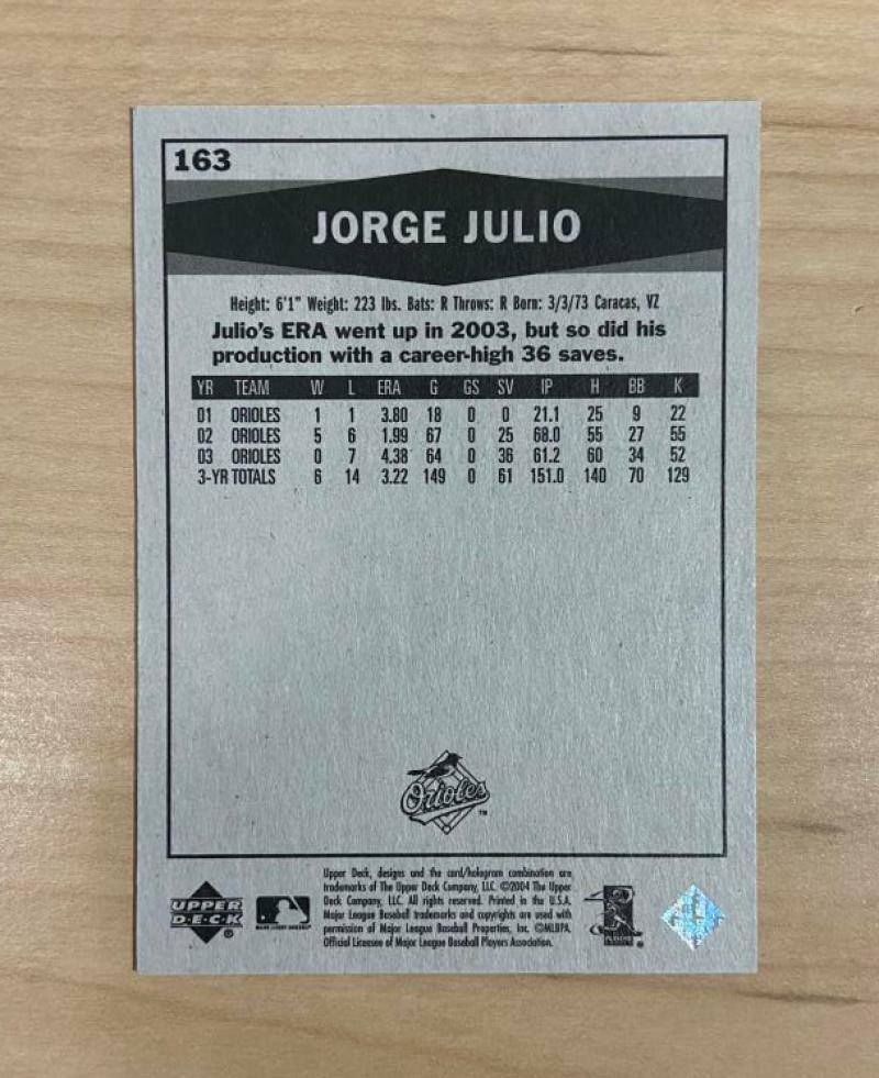 JORGE JULIO BALTIMORE ORIOLES SIGNED AUTOGRAPHED 2004 UPPER DECK CARD #163 W/COA