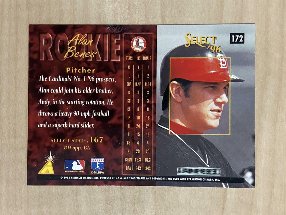 ALAN BENES ST LOUIS CARDINALS SIGNED AUTOGRAPHED 1996 SELECT CARD #172 W/COA
