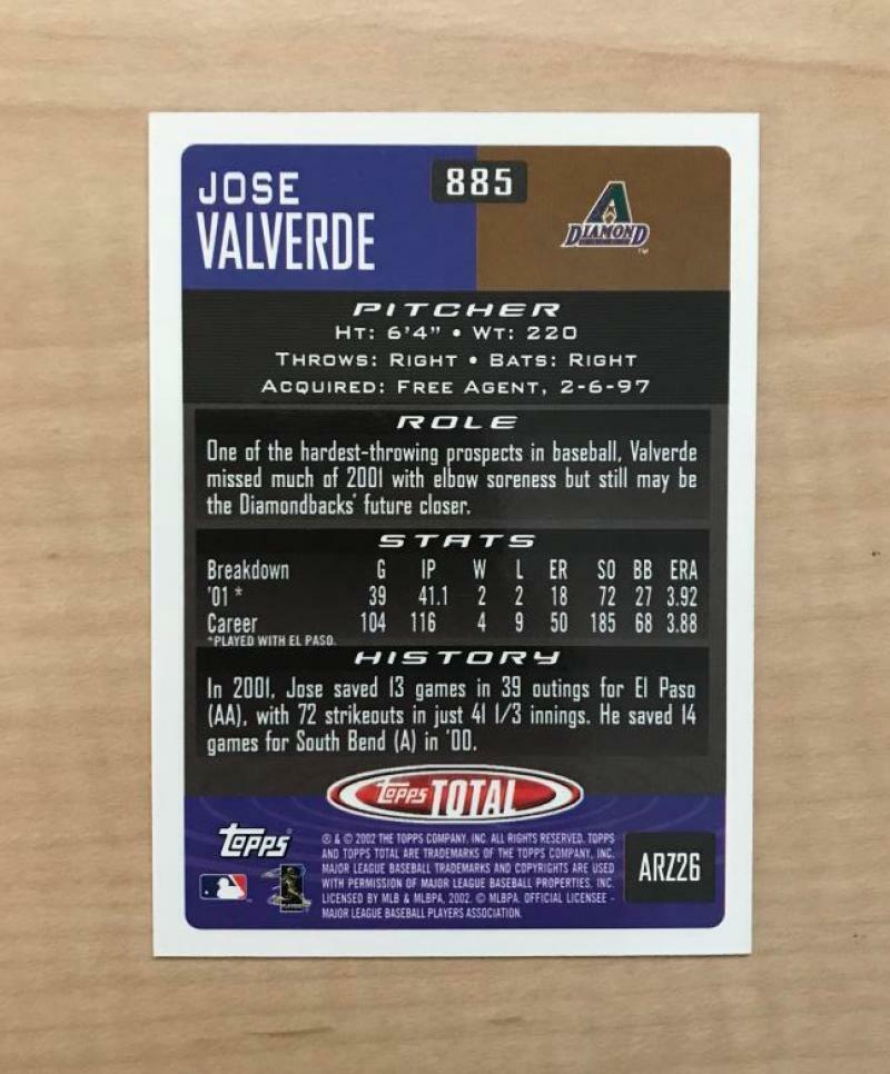 JOSE VALVERDE ARIZONA DIAMONDBACKS SIGNED 2002 TOPPS TOTAL CARD #885 W/COA