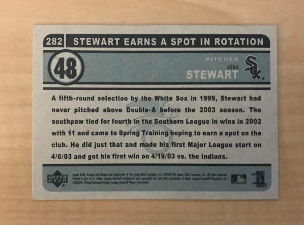 JOSH STEWART CHICAGO WHITE SOX SIGNED AUTOGRAPHED 2003 UPPER DECK CARD #282 W/CO