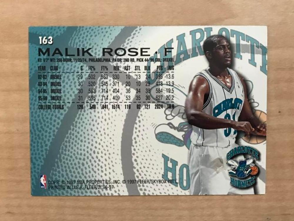 MALIK ROSE CHARLOTTE HORNETS SIGNED AUTOGRAPHED 96-97 FLEER CARD #163 W/COA
