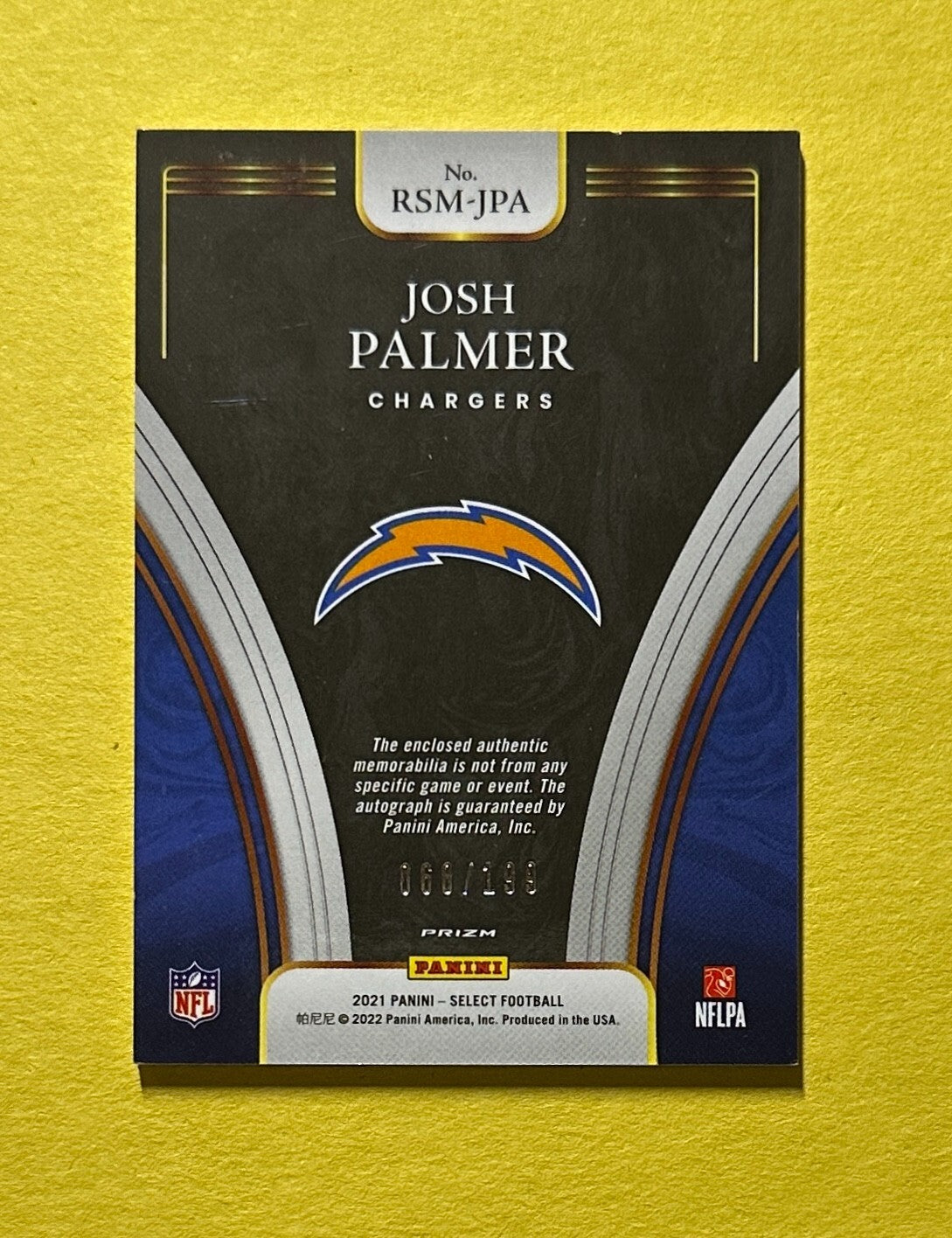 2021 PANINI SELECT JOSH PALMER ROOKIE SIGNATURE MATERIALS #RSM-JPA /199 CHARGERS
