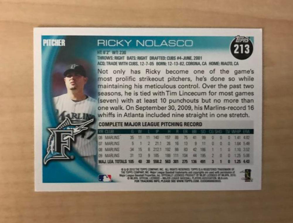 RICKY NOLASCO FLORIDA MARLINS SIGNED AUTOGRAPHED 2010 TOPPS CARD #213 W/COA