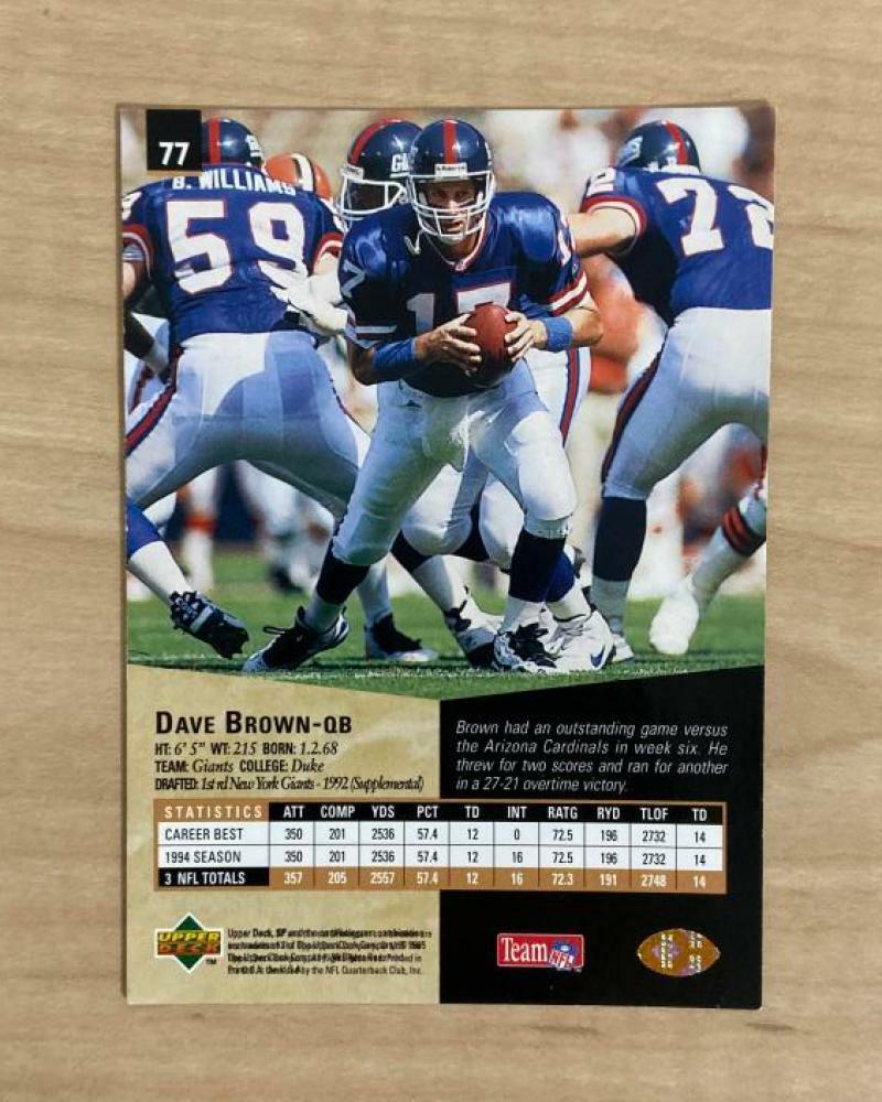 DAVE BROWN NEW YORK GIANTS SIGNED AUTOGRAPHED 1995 UPPER DECK CARD #77 W/COA 