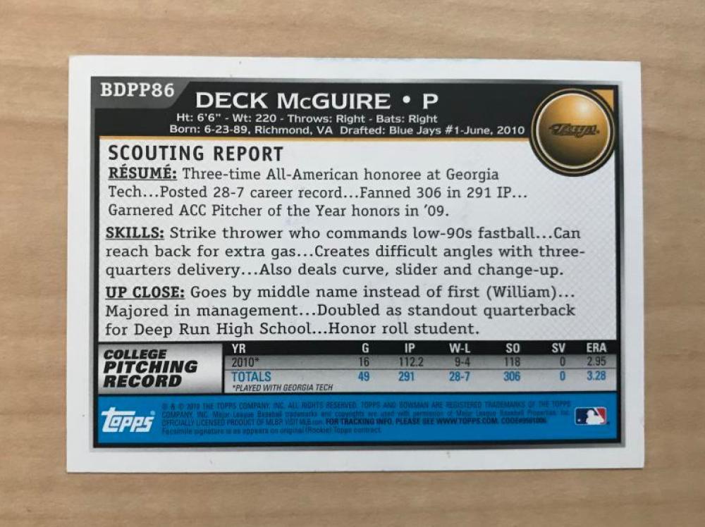DECK MCGUIRE TORONTO BLUE JAYS SIGNED AUTOGRAPHED 2010 BOWMAN CARD #BDPP86 W/COA