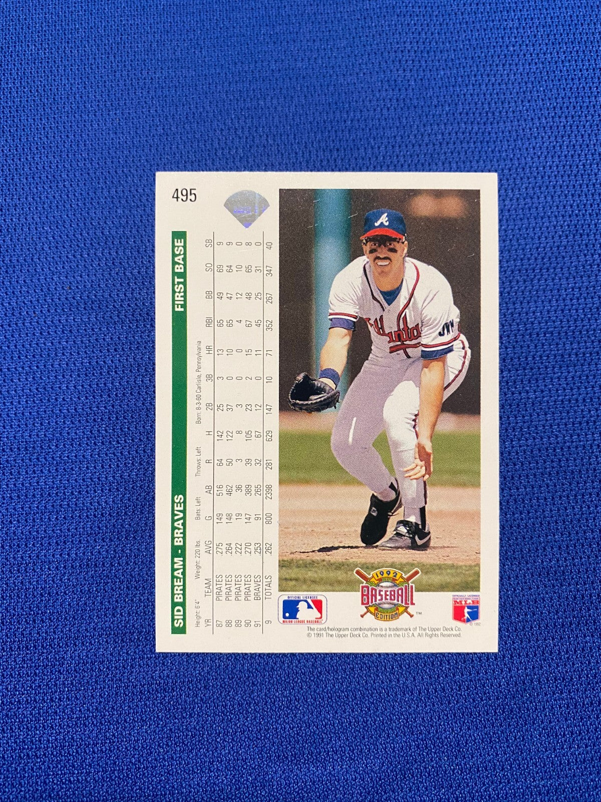 1992 UPPER DECK SID BREAM ATLANTA BRAVES SIGNED AUTOGRAPHED #495 CARD W/COA