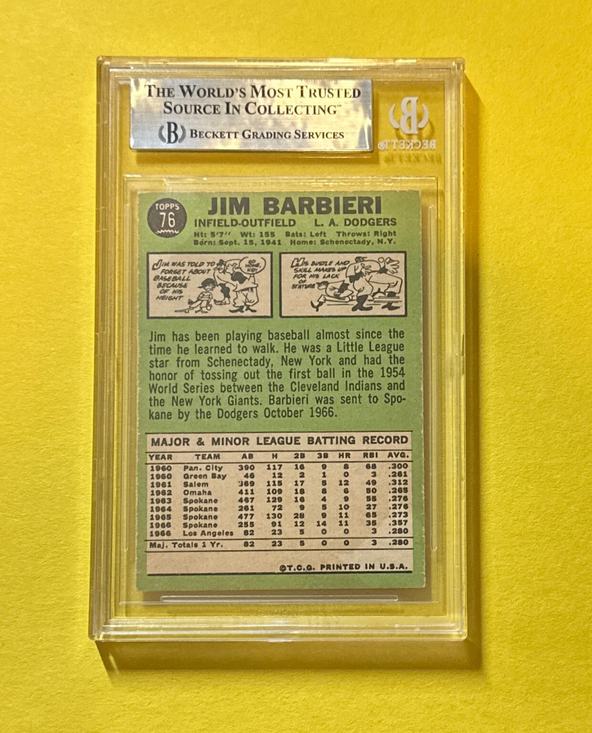 1967 TOPPS JIM BARBIERI #76 SIGNED AUTOGRAPHED CARD BECKETT AUTH 10 DODGERS