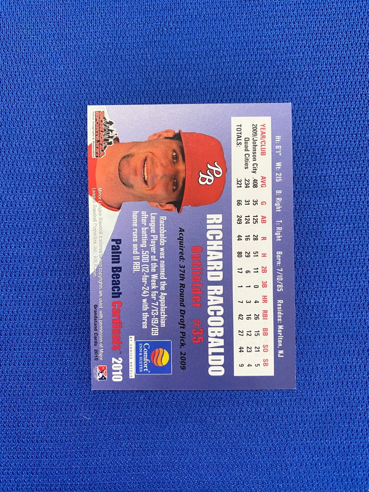 2010 GRANDSTAND RICHARD RACOBALDO PALM BEACH CARDINALS MINOR LEAGUE CARD W/COA