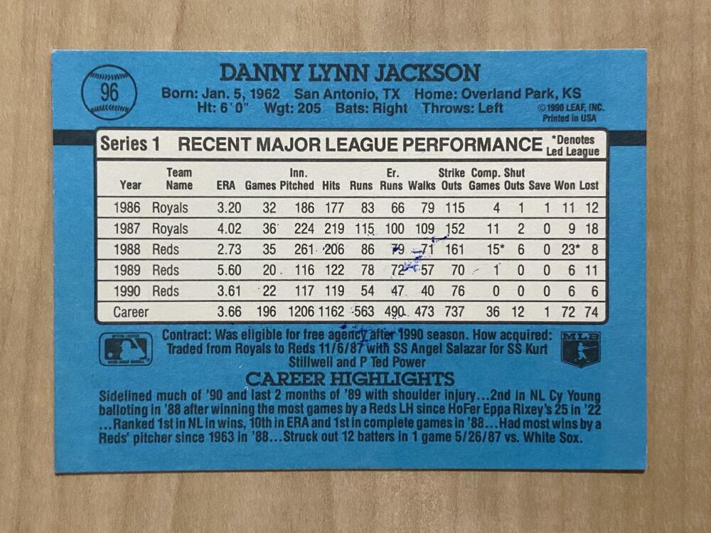 DANNY JACKSON CINCINNATI REDS SIGNED 1991 DONRUSS SERIES 1 CARD #96 W/COA
