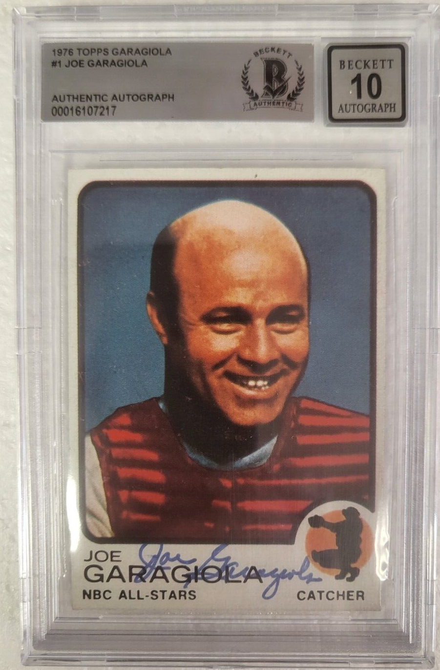 1976 TOPPS JOE GARAGIOLA NBC ALL-STAR AUTOGRAPHED SIGNED #1 CARD BECKETT 10 AUTO