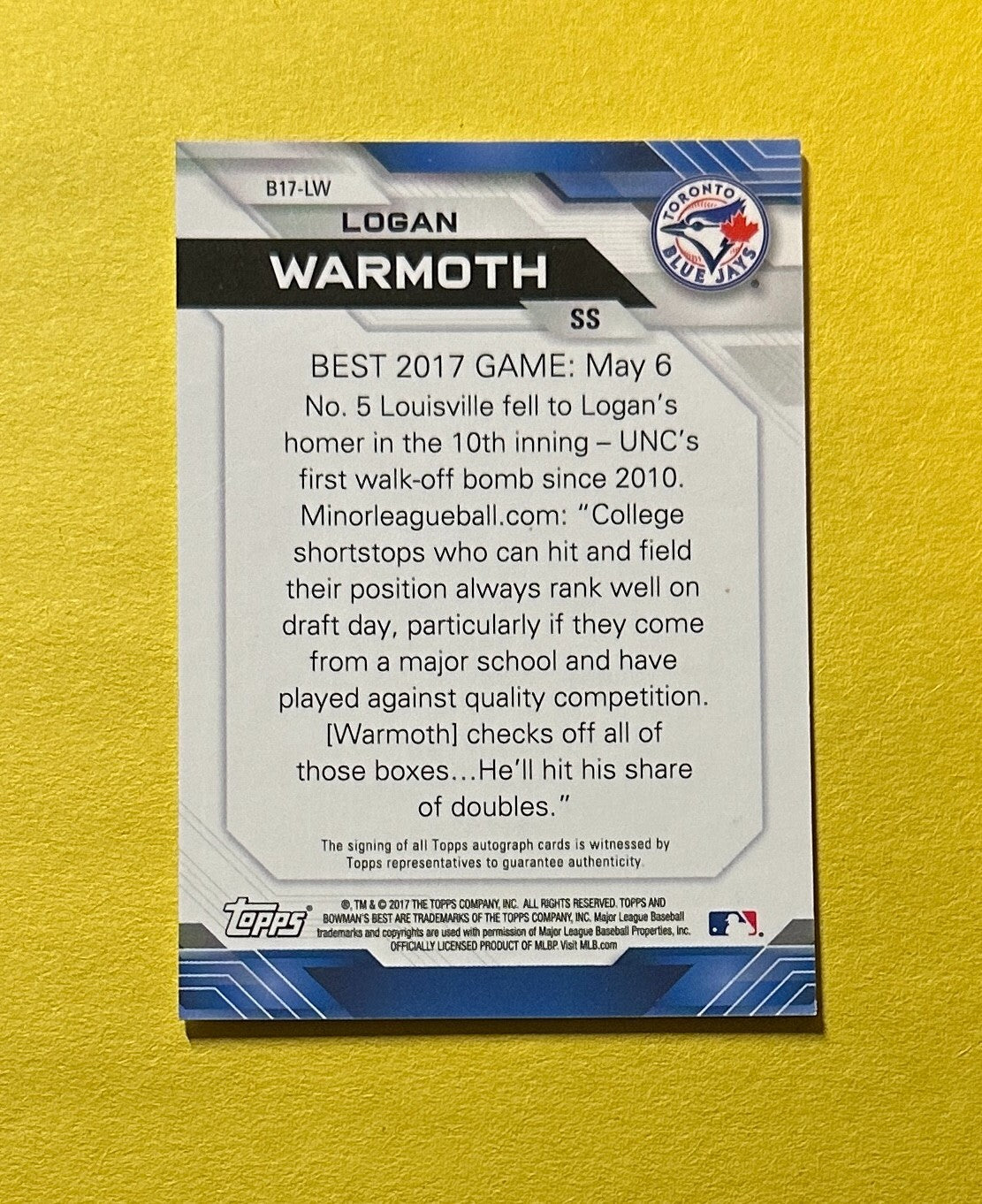 2017 BOWMAN'S BEST LOGAN WARMOTH BASE AUTO #B17-LW BLUE JAYS