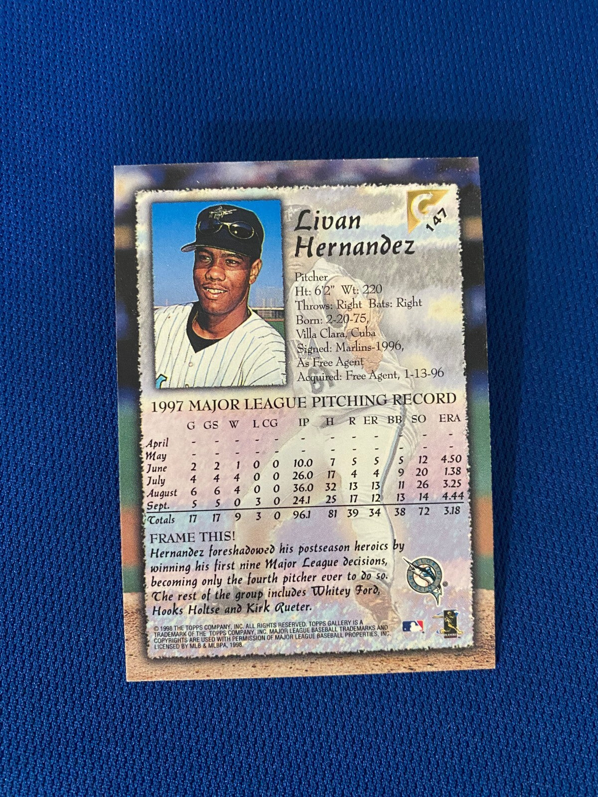 1998 TOPPS GALLERY LIVAN HERNANDEZ FL MARLINS AUTOGRAPH SIGNED CARD #147 W/COA *