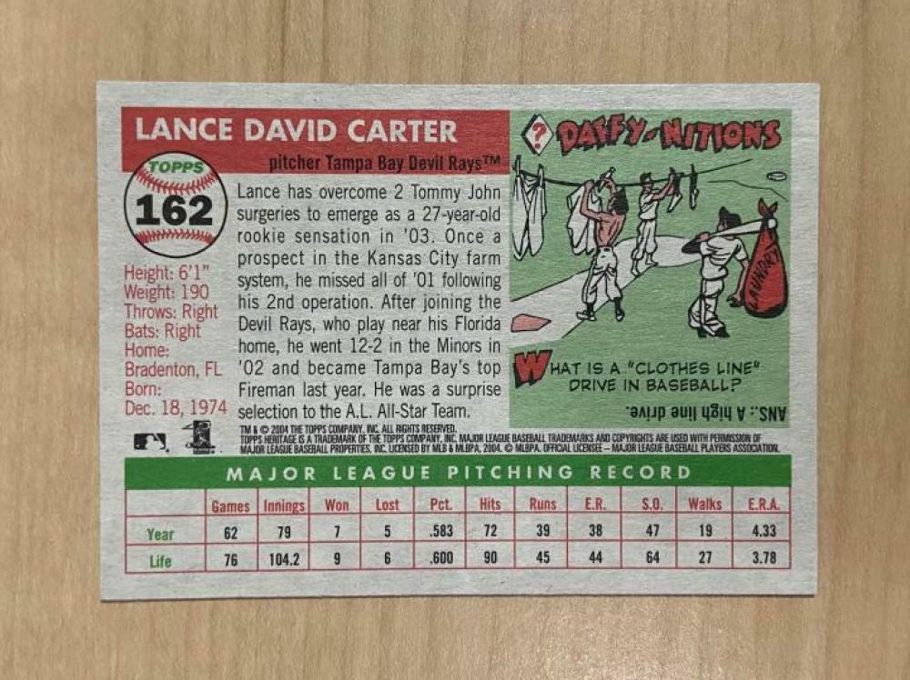 LANCE CARTER TAMPA BAY RAYS SIGNED 2004 TOPPS HERITAGE CARD #162 W/COA 
