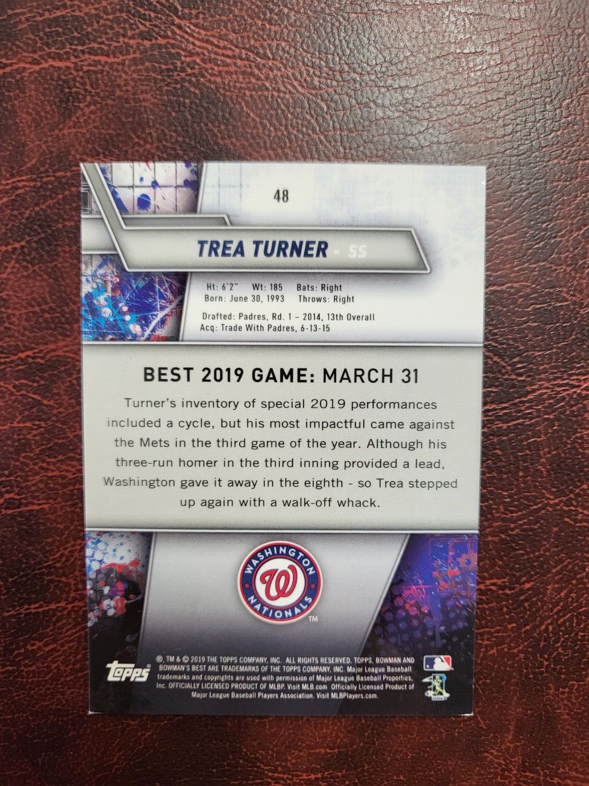 2019 BOWMANS BEST TREA TURNER NATIONALS BLUE REFRACTOR /150 BASEBALL CARD