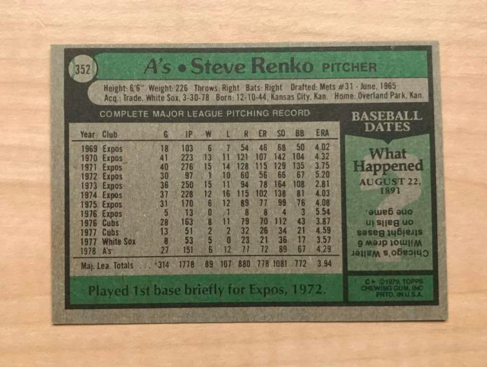 STEVE RENKO OAKLAND ATHLETICS SIGNED AUTOGRAPHED 1979 TOPPS CARD #352 W/COA