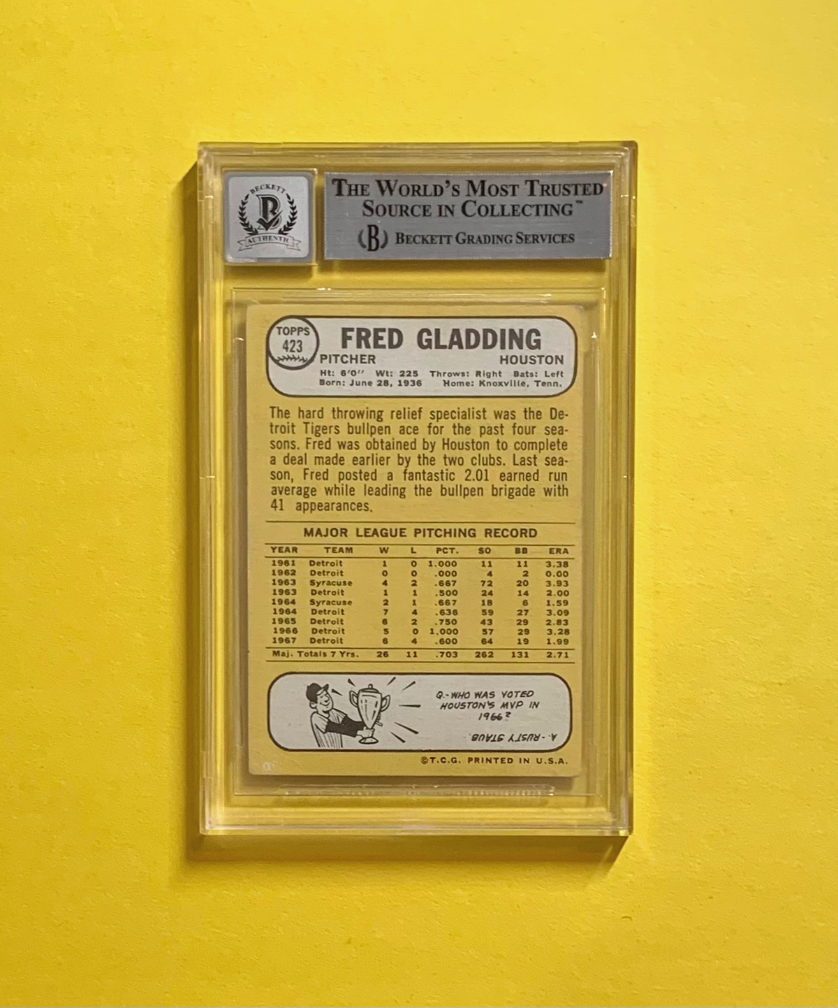1968 TOPPS FRED GLADDING #423 SIGNED CARD BECKETT AUTH. AUTO 10 HOUSTON