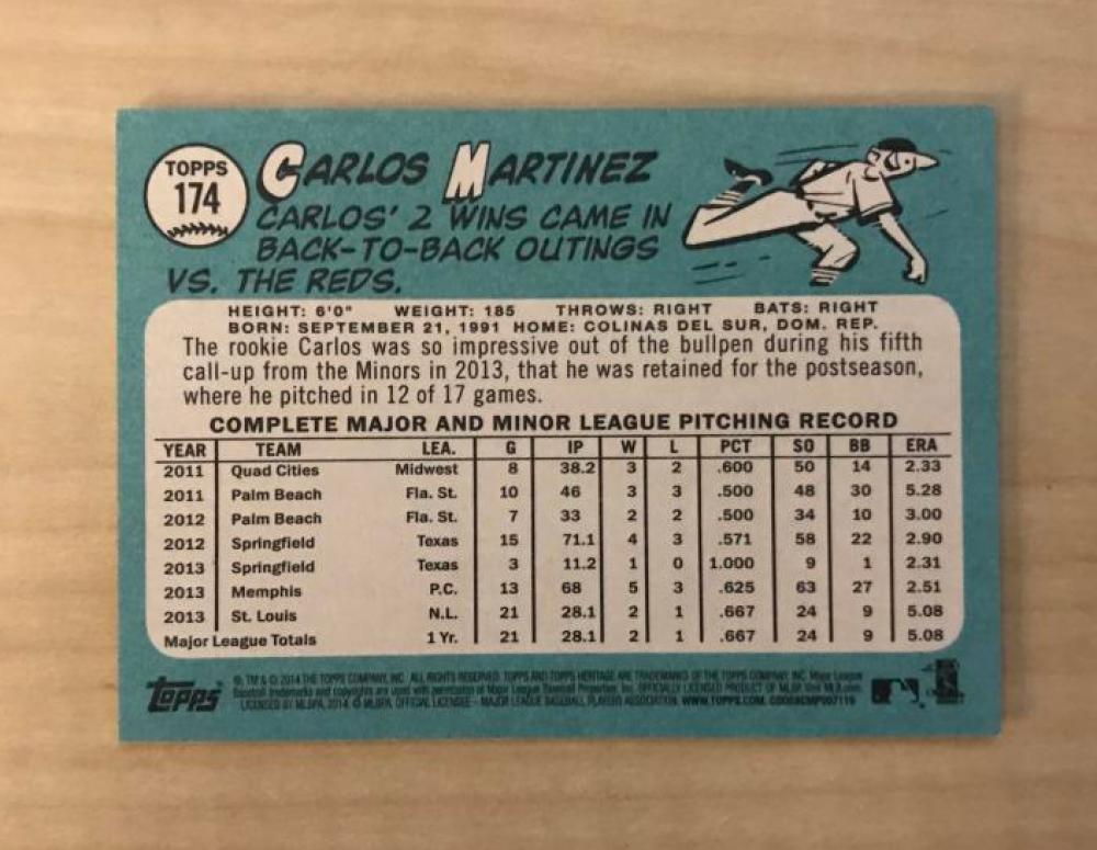 CARLOS MARTINEZ ST LOUIS CARDINALS SIGNED AUTOGRAPHED 2014 TOPPS CARD #174 W/COA