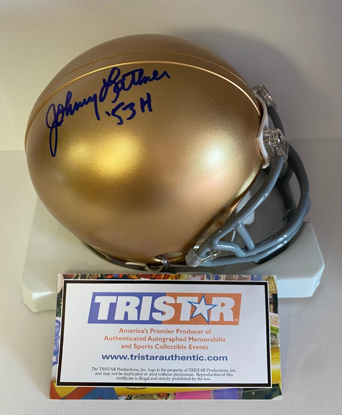 JOHNNY LATTNER NOTRE DAME 53 HEISMAN SIGNED AUTOGRAPHED MINI HELMET TRISTAR COA