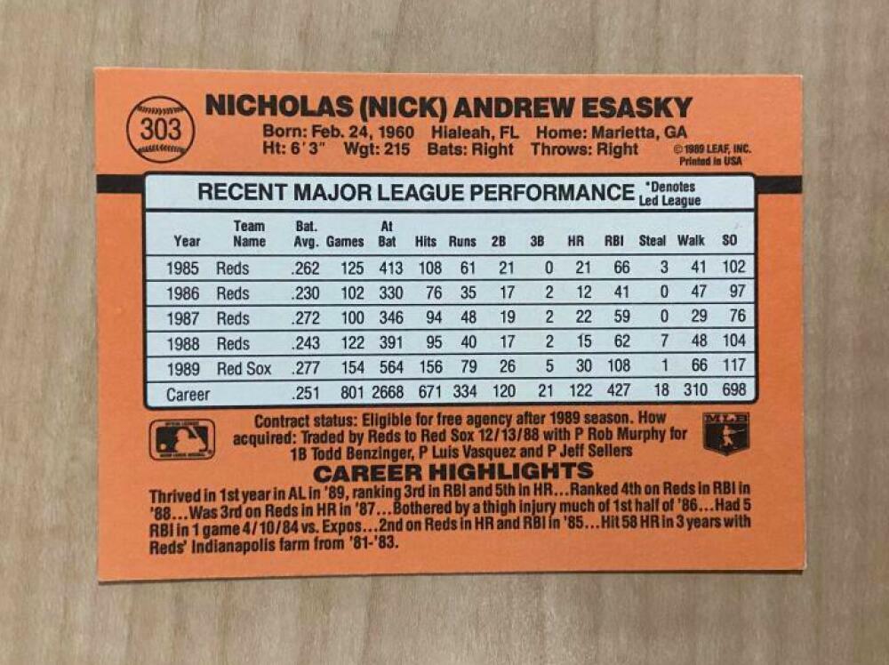 NICK ESASKY BOSTON RED SOX SIGNED AUTOGRAPHED 1990 DONRUSS CARD #303 W/COA