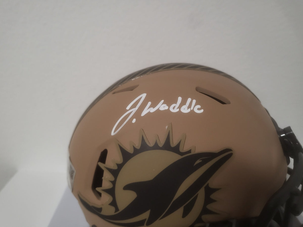 JAYLEN WADDLE MIAMI DOLPHINS SALUTE TO SERVICE SIGNED AUTO MINI HELMET FANATICS