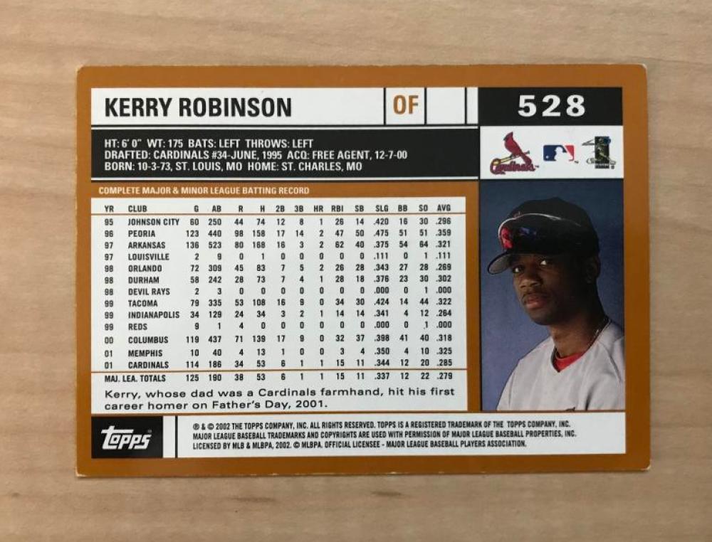 KERRY ROBINSON ST. LOUIS CARDINALS SIGNED AUTOGRAPHED 2002 TOPPS CARD #528 W/COA