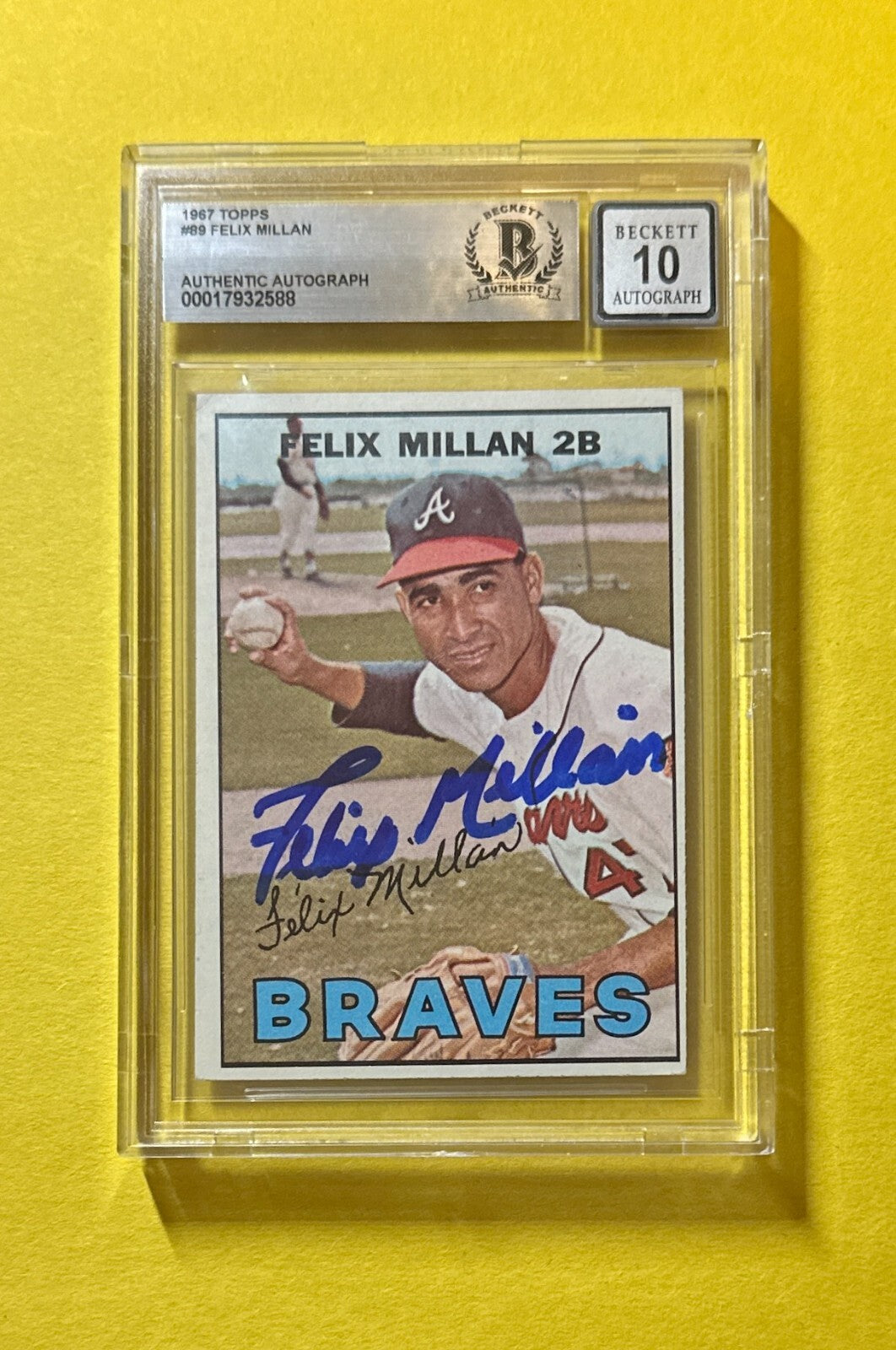1967 TOPPS FELIX MILLAN #89 SIGNED AUTOGRAPHED CARD BECKETT AUTH 10 BRAVES