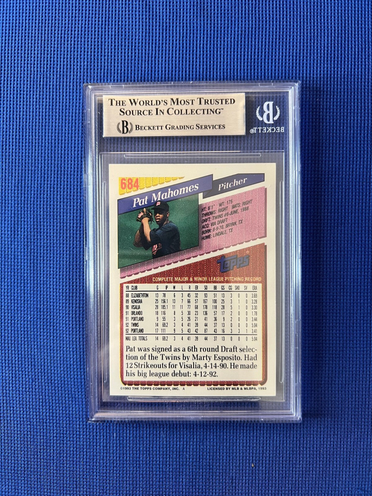 1993 TOPPS PAT MAHOMES SR MINNESOTA TWINS SIGNED AUTOGRAPHED #684 BECKETT