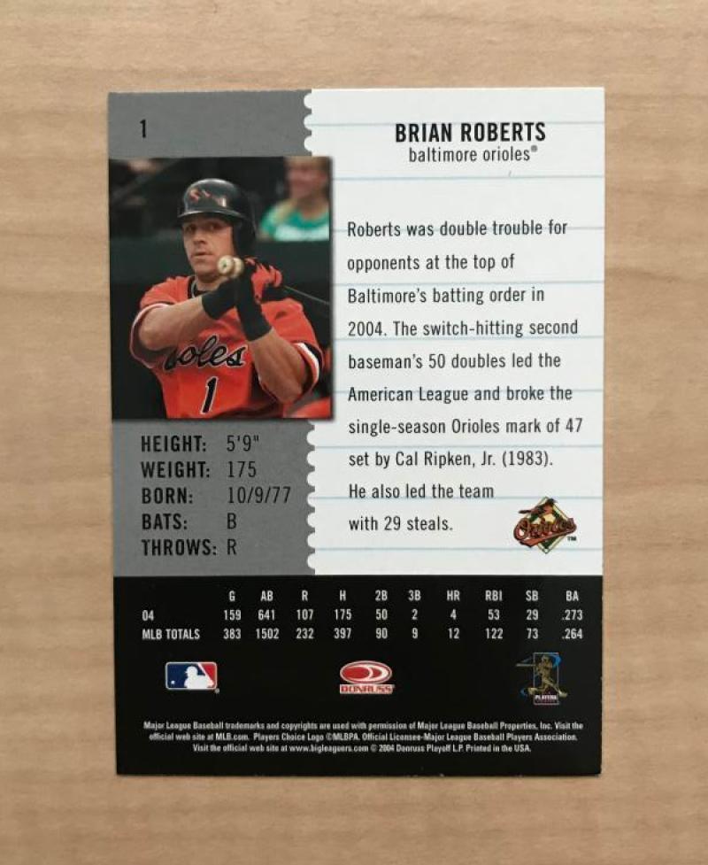 BRIAN ROBERTS BALTIMORE ORIOLES SIGNED AUTOGRAPHED 2005 DONRUSS CARD #1 W/COA 