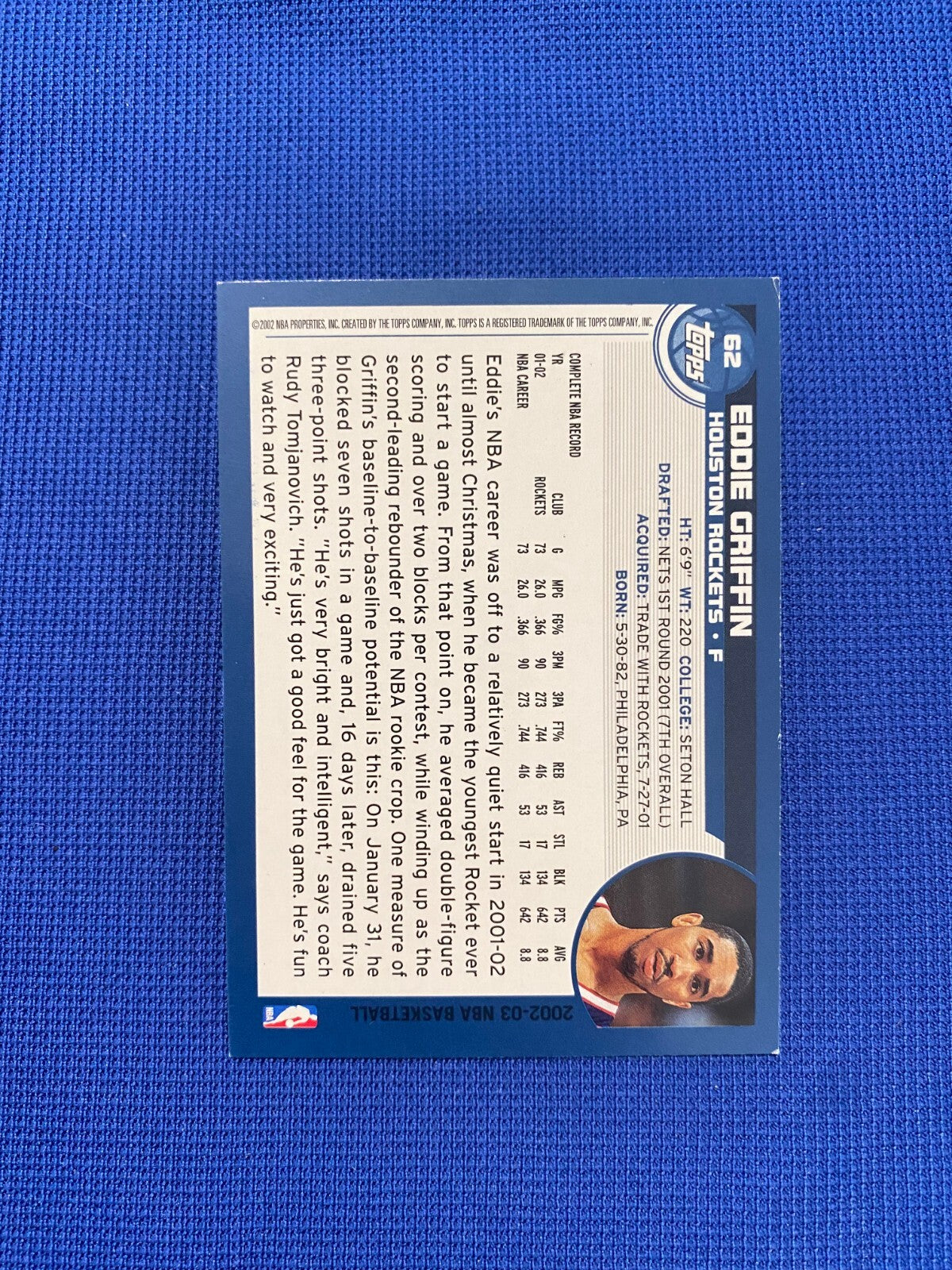 2002 TOPPS EDDIE GRIFFIN HOUSTON ROCKETS SIGNED AUTO AUTOGRAPHED CARD #62 W/COA