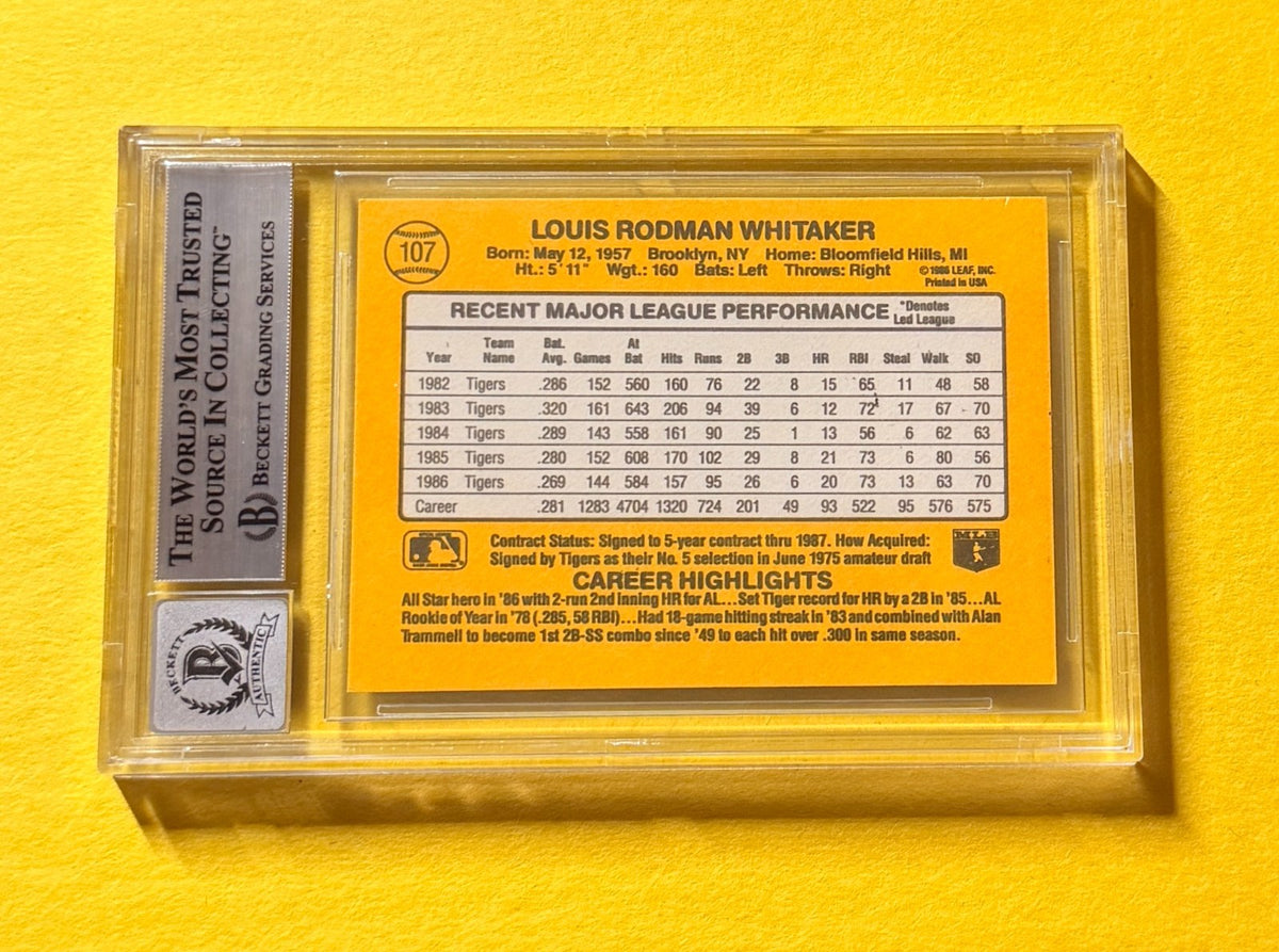 1987 DONRUSS LOU WHITAKER #107 SIGNED AUTO CARD BECKETT 10 AUTH TIGERS