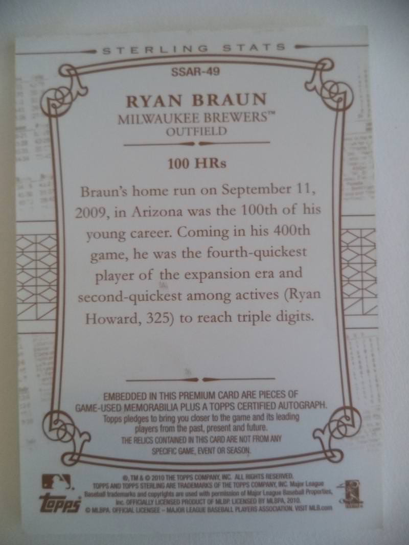 2010 TOPPS STERLING RYAN BRAUN 100 HRS GAME USED AUTO AUTOGRAPHED 01/10