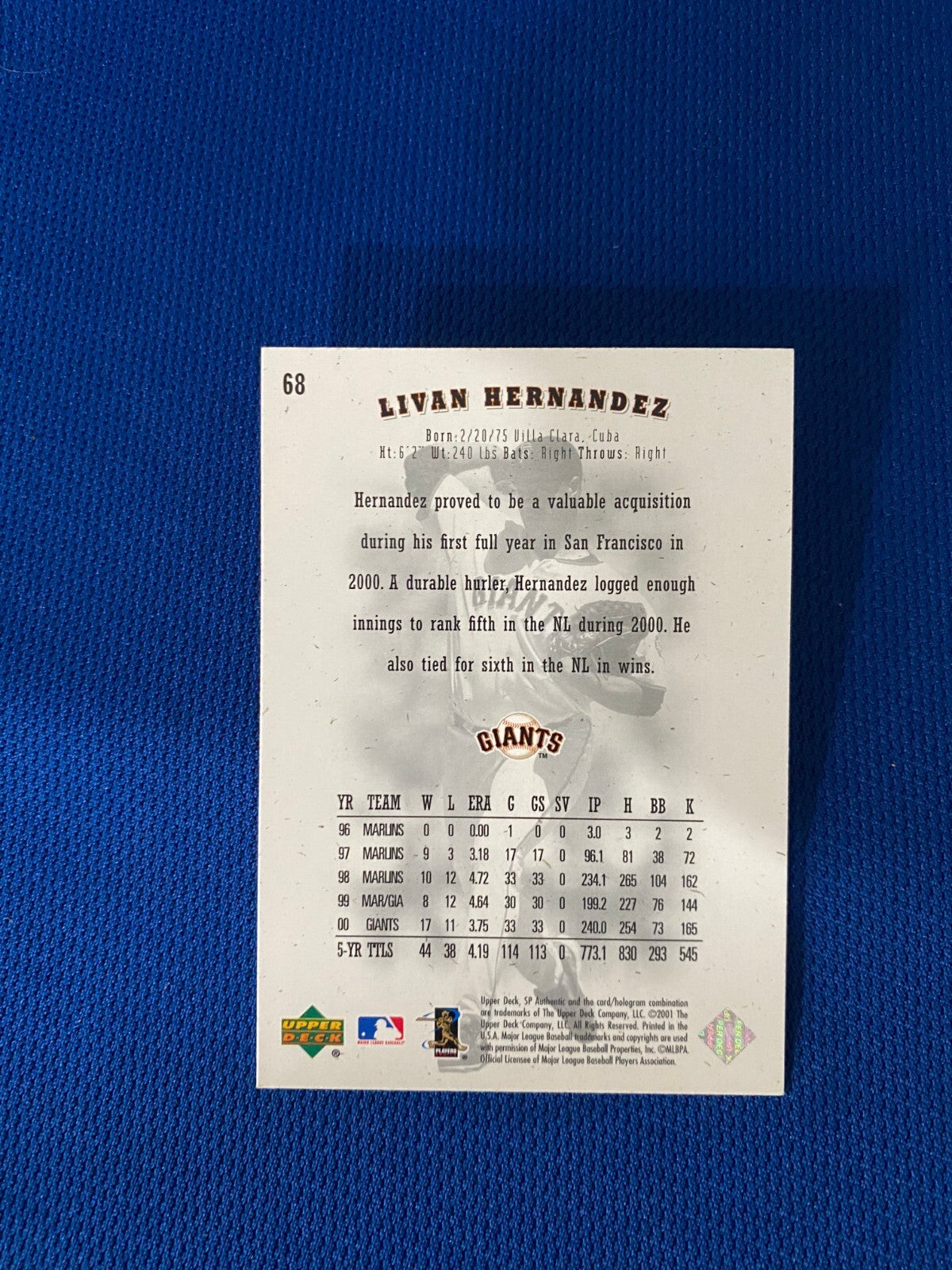 2001 SP AUTHENTIC LIVAN HERNANDEZ SF GIANTS AUTOGRAPHED SIGNED CARD #68 W/COA