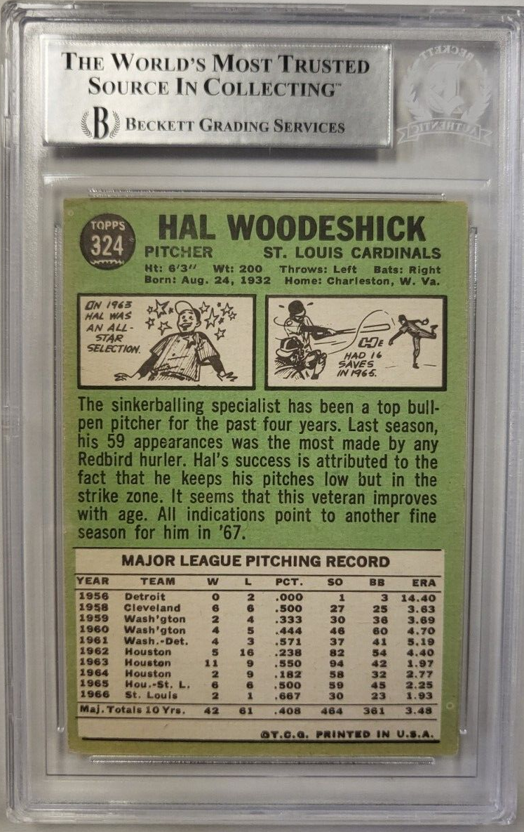 1967 TOPPS HAL WOODESHICK #324 CARDINALS AUTHENTIC AUTO CERTIFIED BECKETT CARD