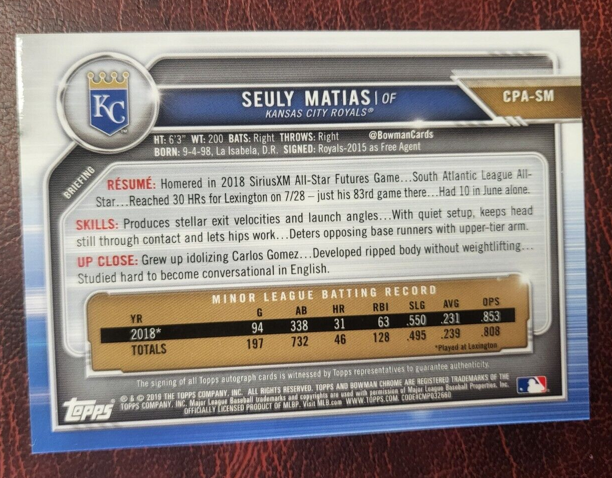 2019 BOWMAN CHROME PROSPECTS SEULY MATIAS ROYALS AUTO SPRARKLE SPECKLE /299