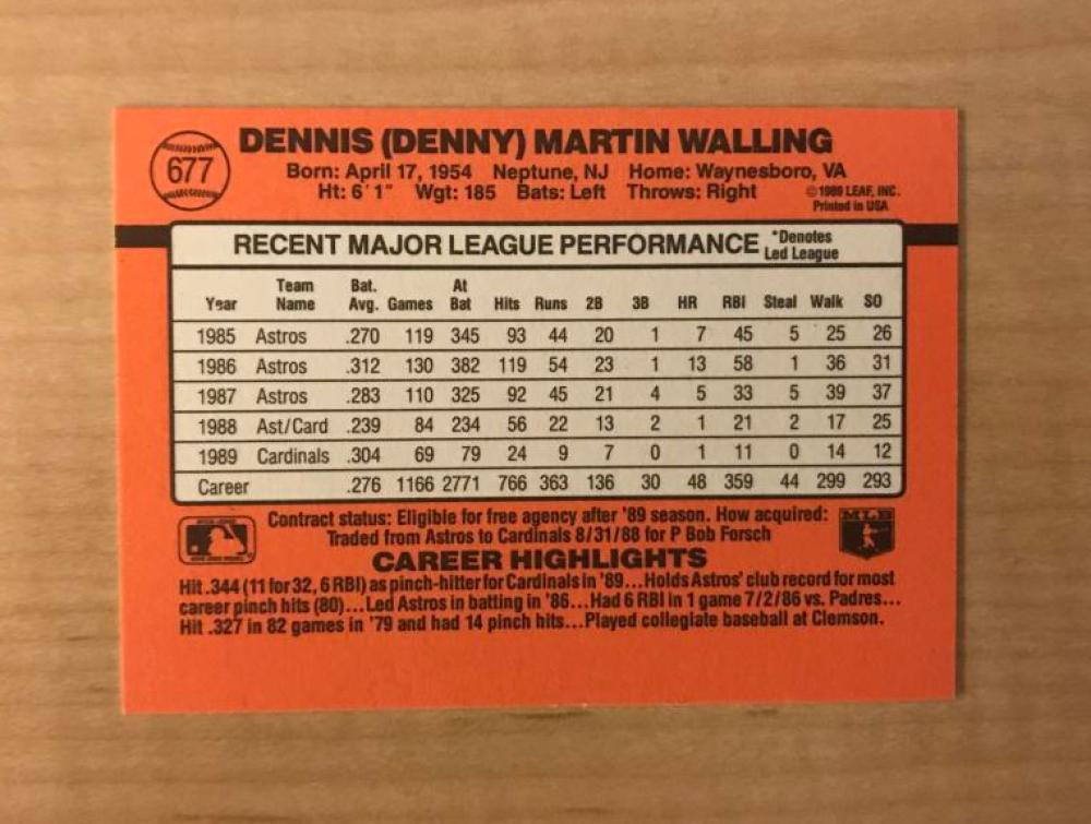 DENNY WALLING ST. LOUIS CARDINALS SIGNED AUTOGRPAHED 1990 DONRUSS CARD#677 W/COA