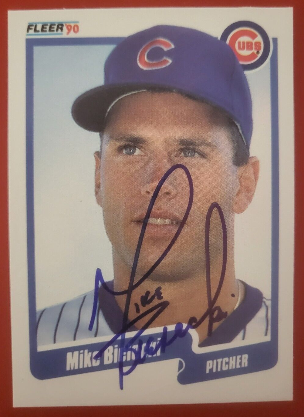 1990 FLEER MIKE BIELECKI CHICAGO CUBS SIGNED AUTOGRAPHED CARD #27 W/COA