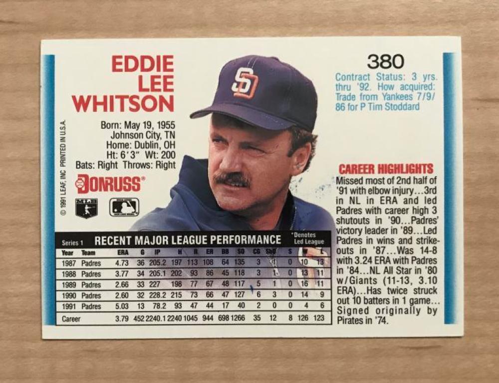 ED WHITSON SAN DIEGO PADRES SIGNED AUTOGRAPHED 1992 DONRUSS CARD #380 W/COA 