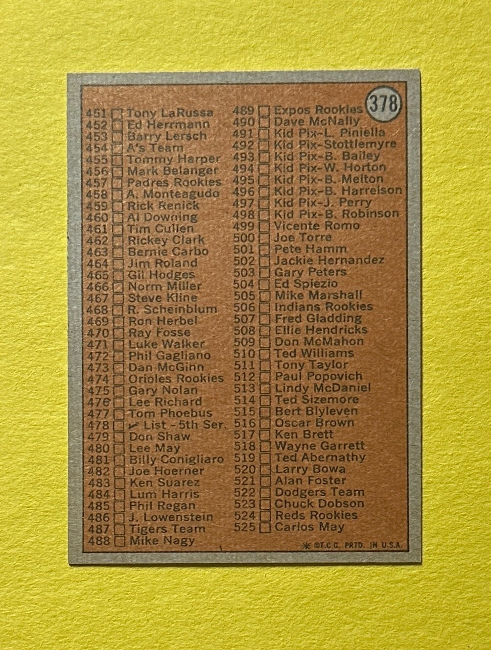 1972 TOPPS CHECKLIST 4TH SERIES #378