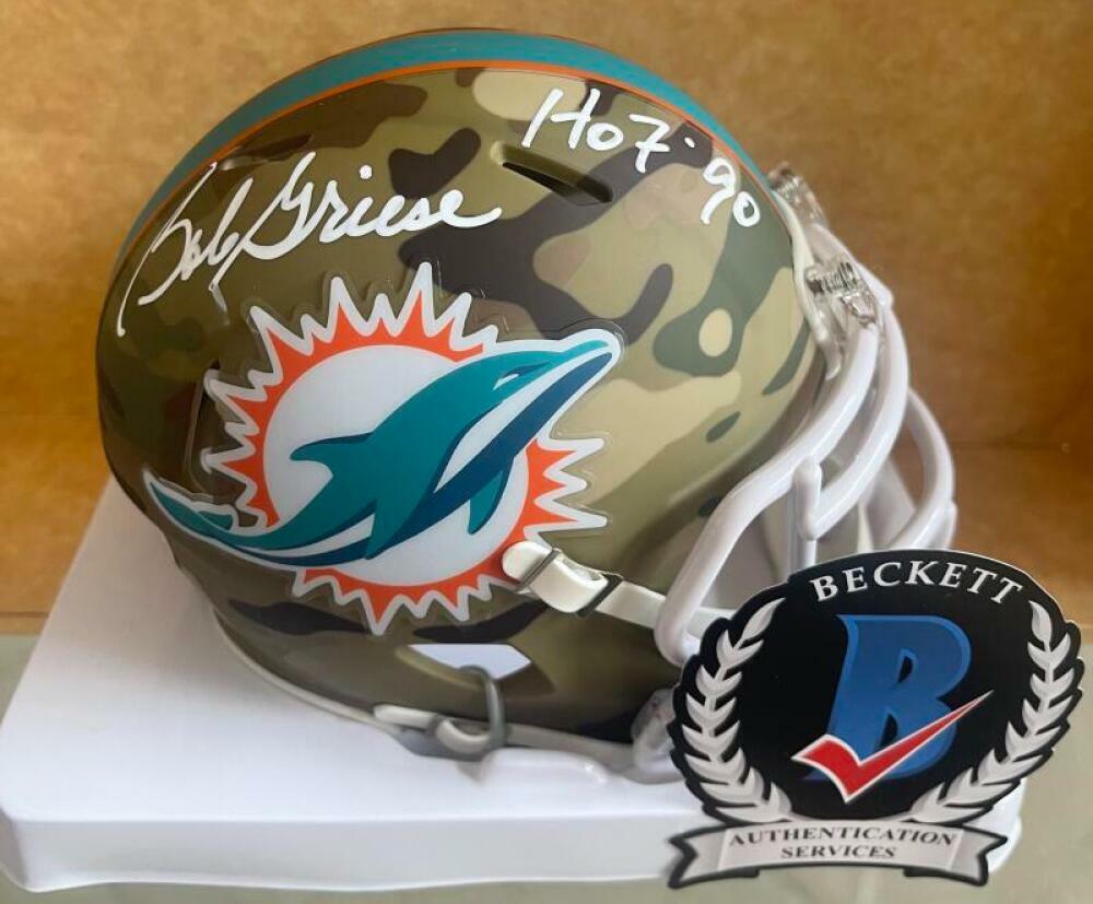 BOB GRIESE MIAMI DOLPHINS HOF 90 SIGNED RARE CAMO MINI HELMET WITNESSED