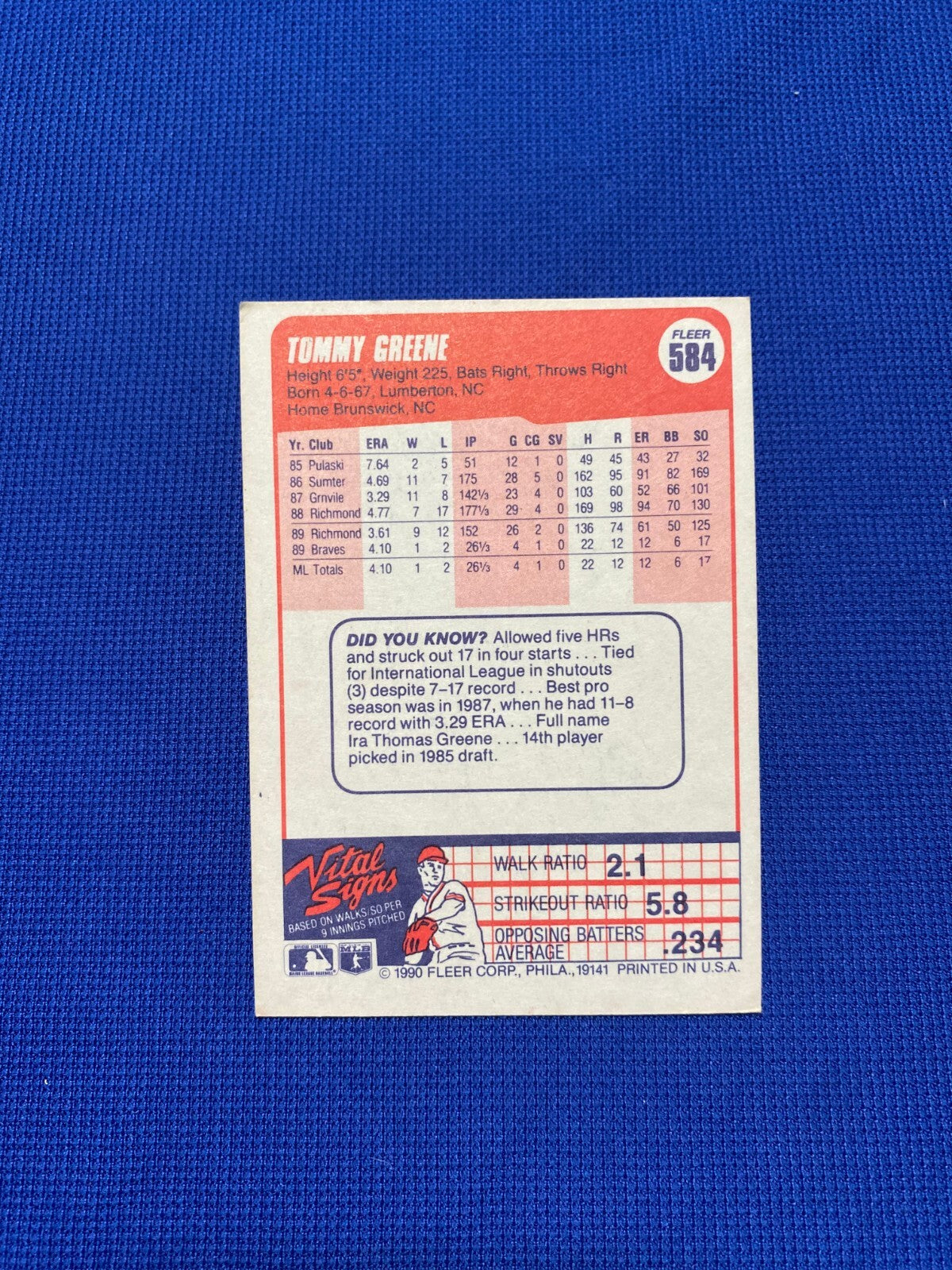 1990 FLEER TOMMY GREENE ATLANTA BRAVES SIGNED AUTO AUTOGRAPH CARD #584 W/COA