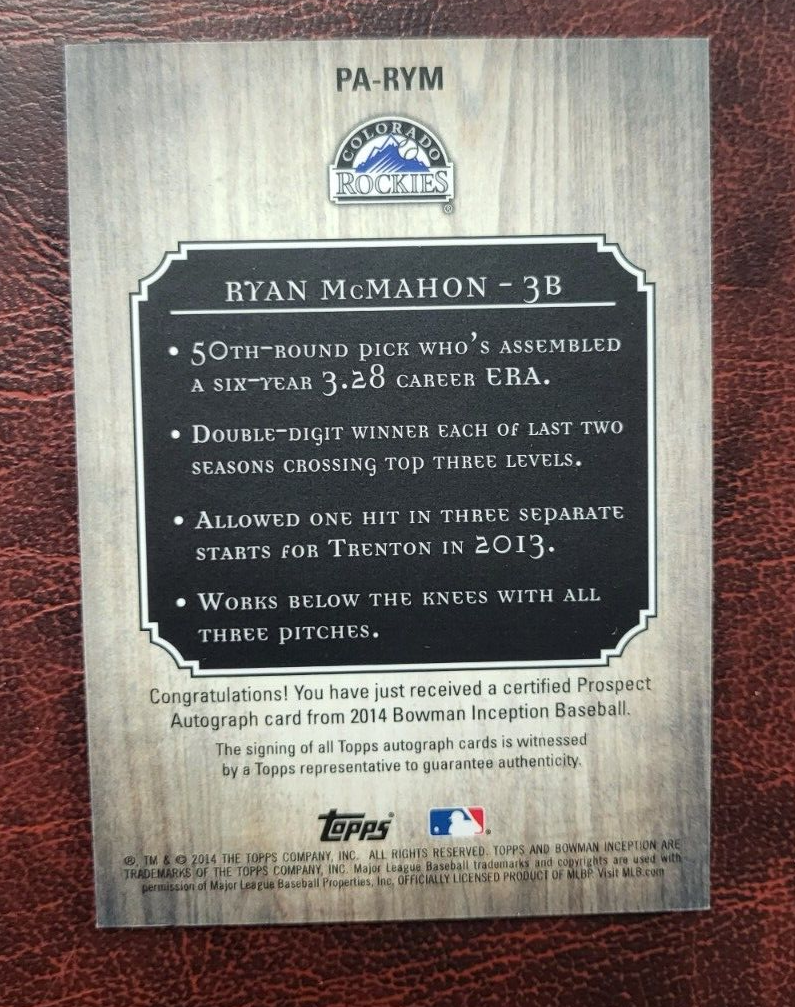 2014 BOWMAN INCEPTION RYAN MCMAHON ROCKIES AUTO AUTOGRAPH CARD #PA-RYM